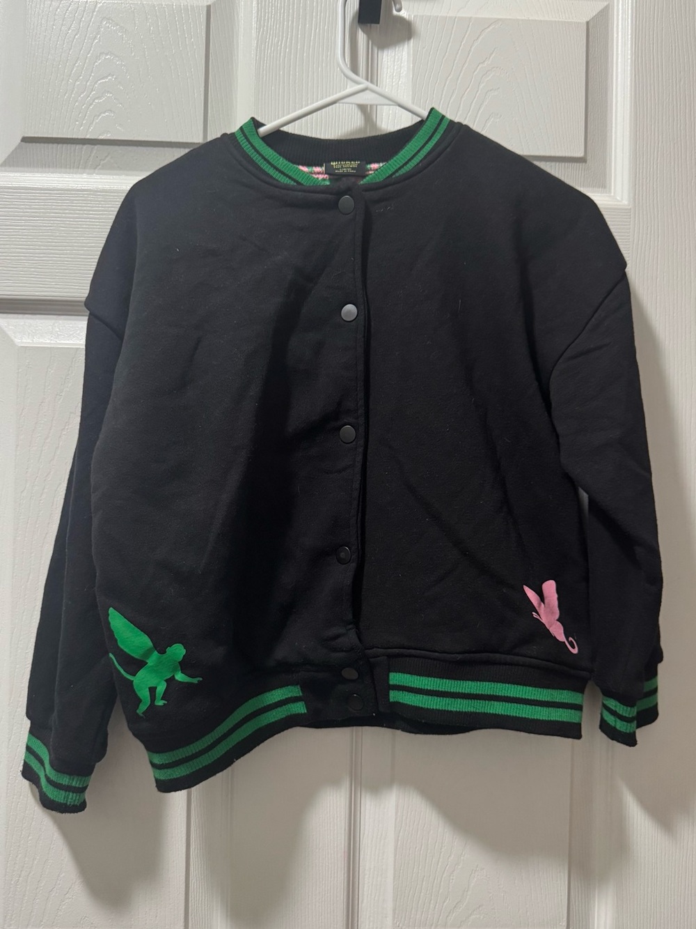 Kids Black Bomber Jacket with Green Trim and Pink/Green Accents